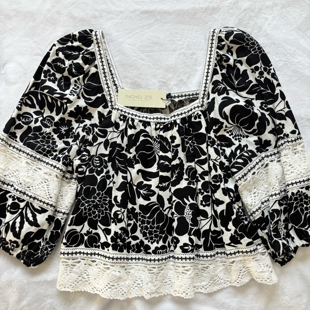 RACHEL ZOE Three-Quarter Sleeve Linen Blend Crochet Boho Floral Blouse—NWT--XL